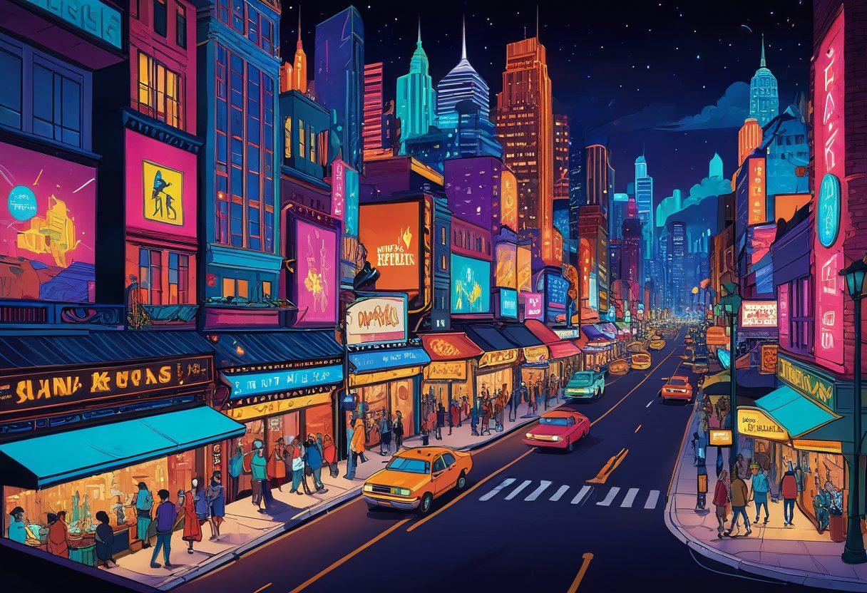 A vibrant and colorful illustration of an imaginative cityscape filled with playful, adult-themed characters in animated styles, showcasing diverse cultures and artistic expressions. Include elements like a neon-lit theater marquee displaying 'NTAI' and whimsical animated scenes in the background to suggest exploration and creativity. The atmosphere should evoke a sense of excitement and curiosity about adult animation's future. surrealistic. vibrant colors. dynamic composition.