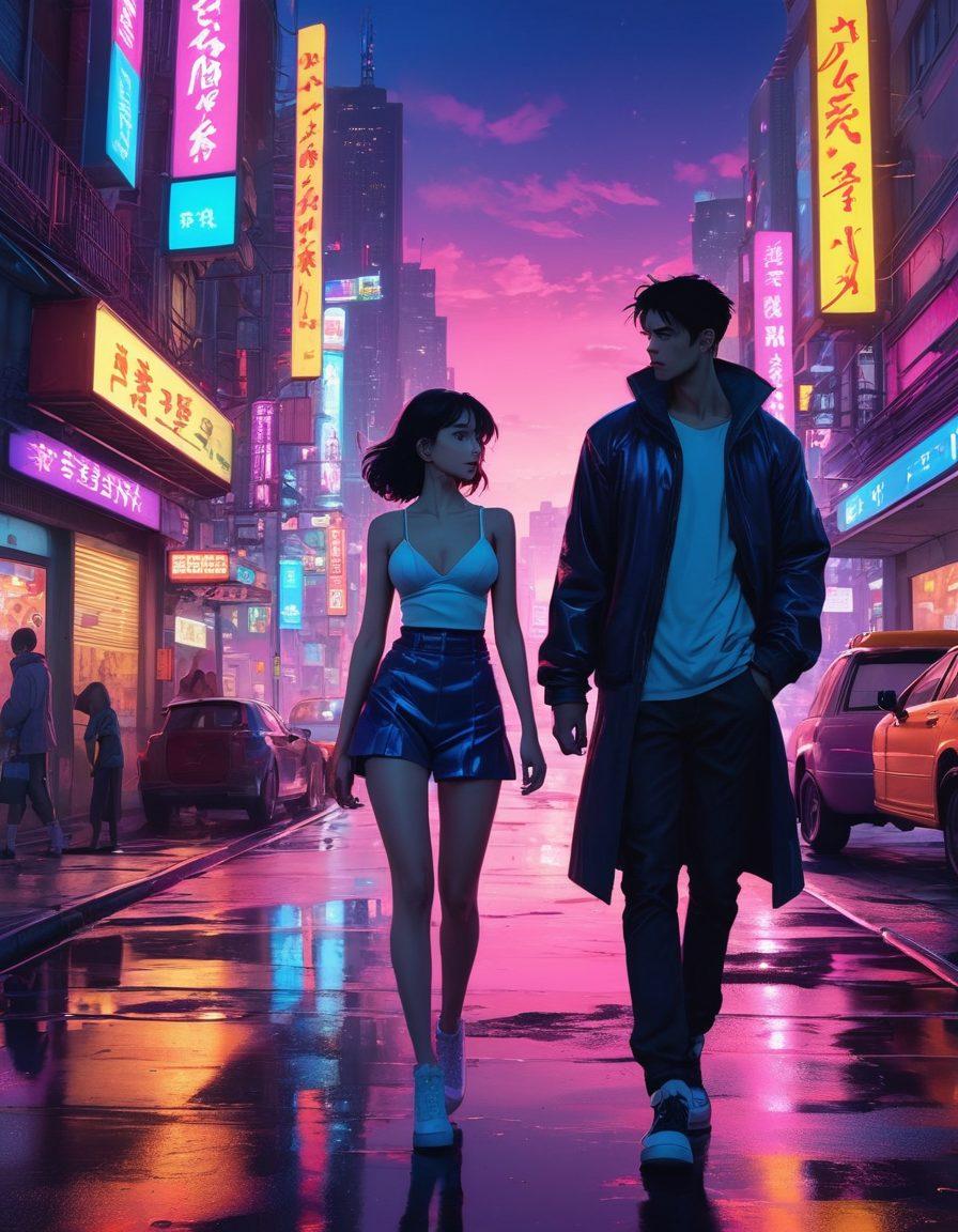 A mesmerizing scene depicting a vibrant cityscape blending elements of both traditional manga art and modern animation styles, showcasing characters in intimate yet artistic poses that reflect the evolution of erotic storytelling. Include a whimsical twilight sky, neon lights illuminating the scene, and hints of various animation techniques blending seamlessly together. The overall vibe is bold, colorful, and captivating. super-realistic. vibrant colors. cyberpunk.